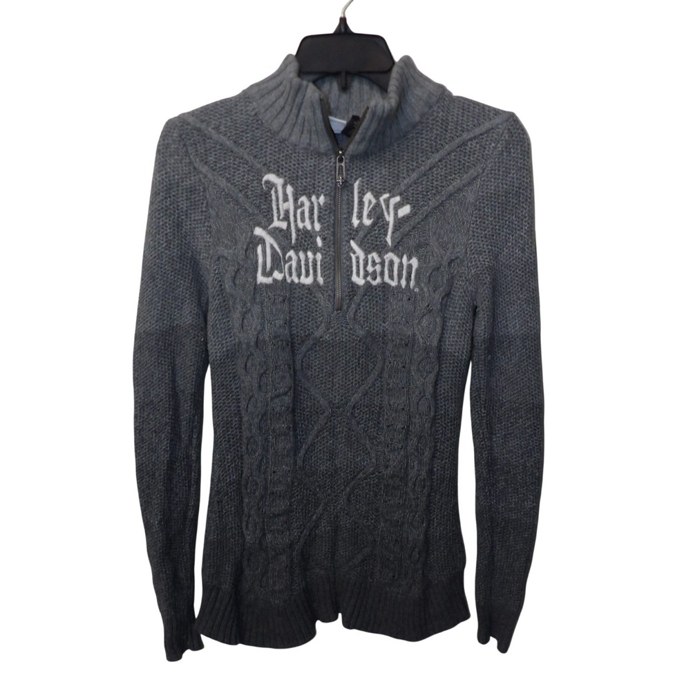 Harley-Davidson Grey Ombre Cable Knit Quarter Zip Sweater Mock Neck Logo MEDIUM